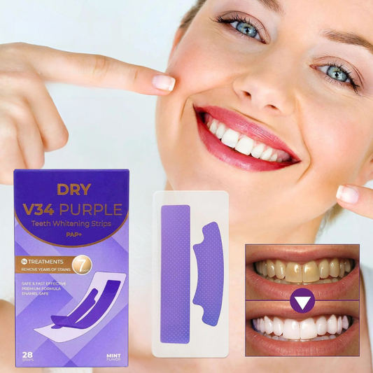 Dry V34 Purple Teeth Whitening Strips | Erase Yellow Undertones in Just 3 Days.